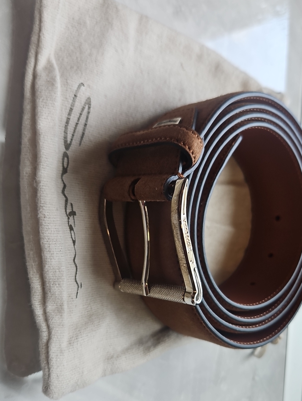 Santoni Tan/Brown Leather Men's Belt with Silver Buckle